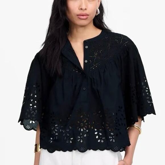 Madewell Embroidered Shirred Henley Top Black Size Small NWT - Picture 1 of 8